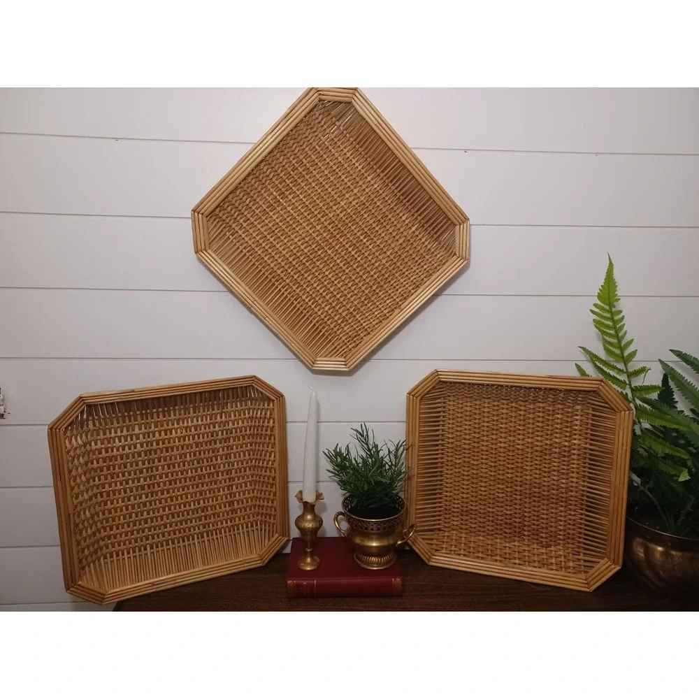 Boho woven bambo/ wicker wall hangings / trays set of 3